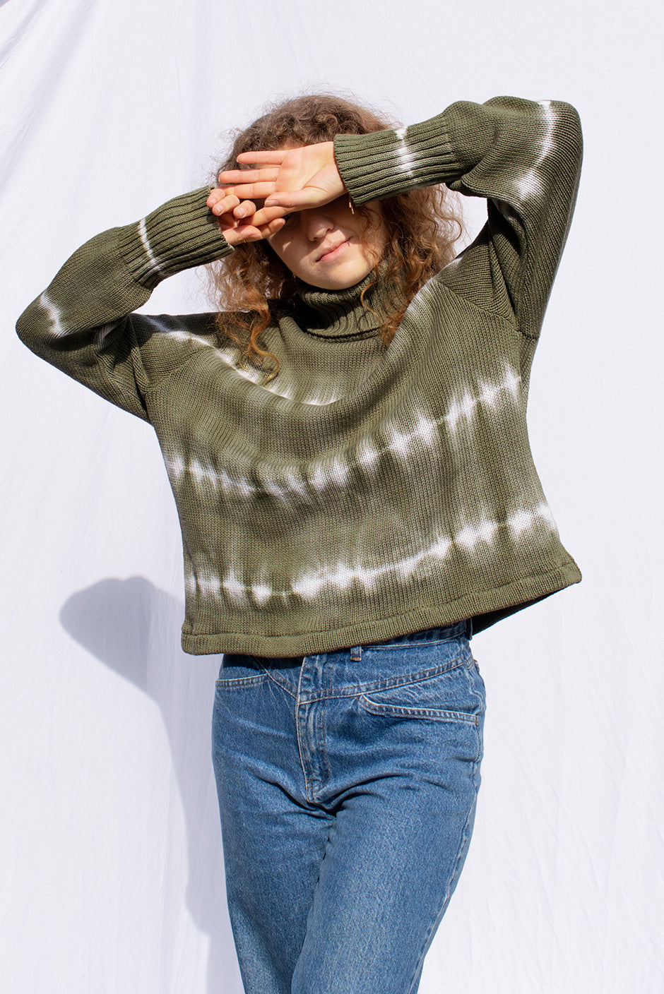 Cactus Revival turtleneck sweater for women by Paneros Clothing. Handmade Tie-Dye Upcycled from sustainable cotton. Front View.