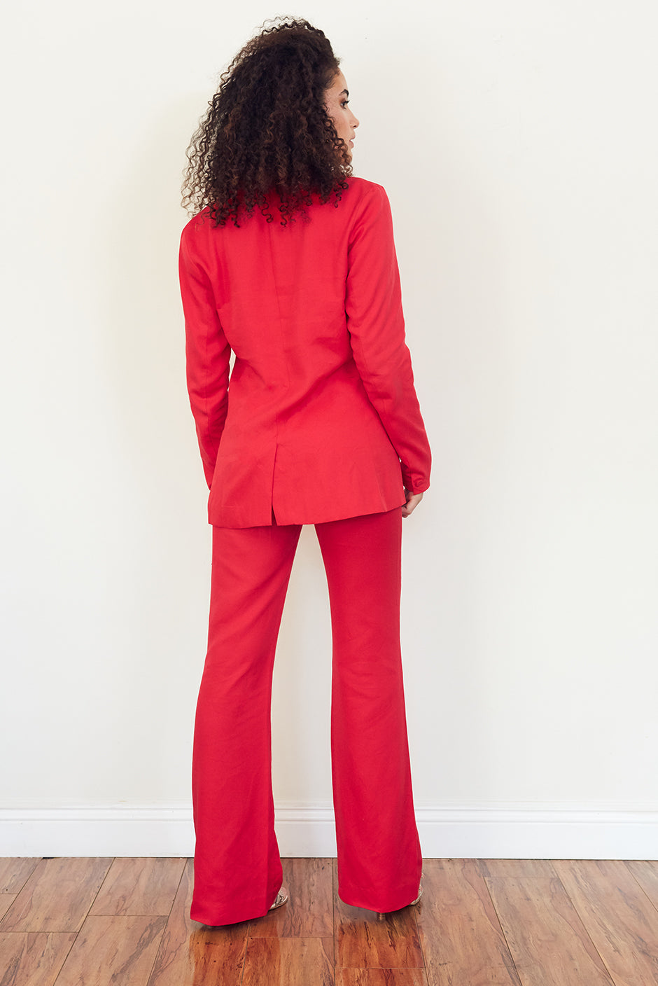 Kate Blazer in Cherry Punch for women by Paneros Clothing. Made from Tencel. Back view.