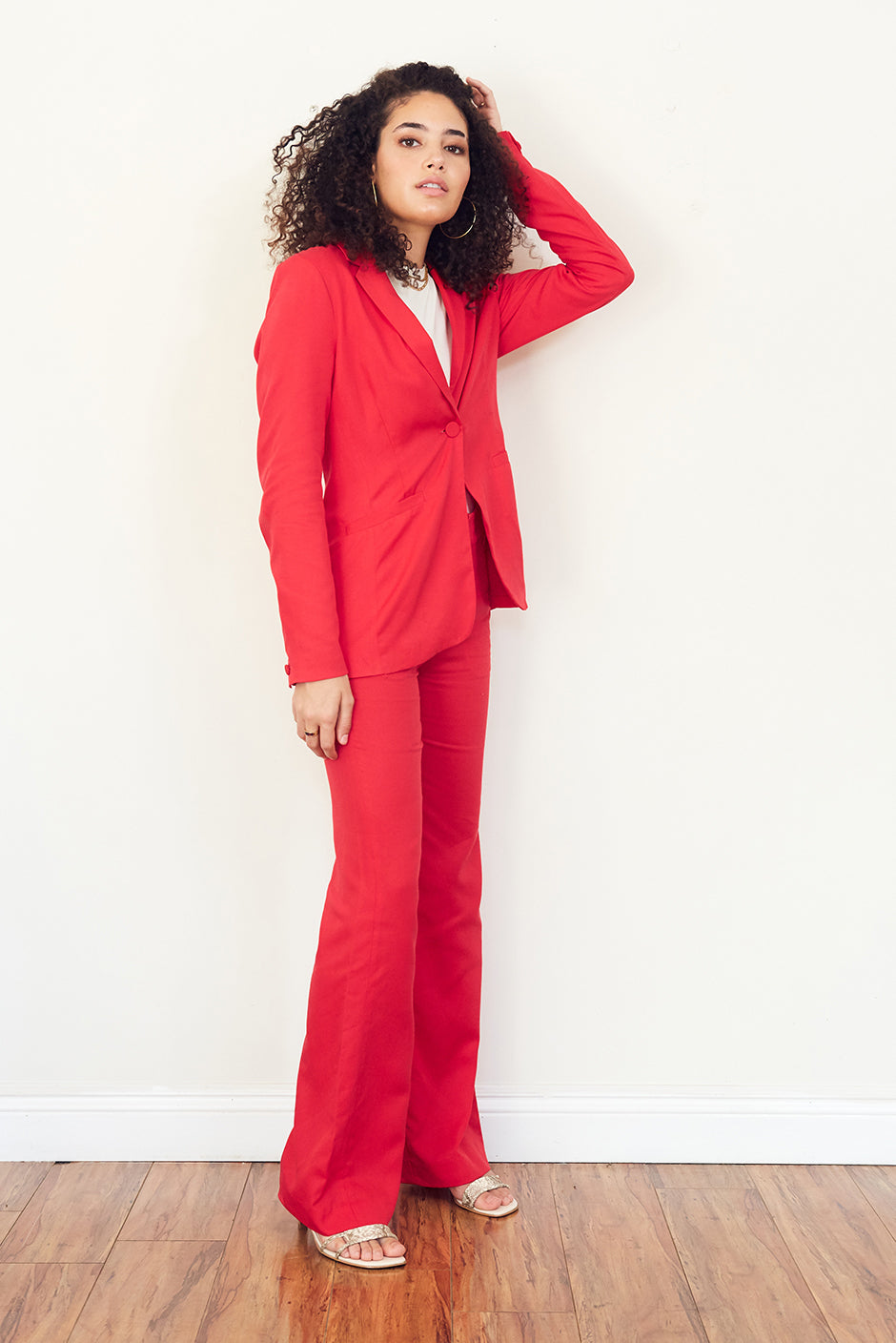 Kate Blazer in Cherry Punch for women by Paneros Clothing. Made from Tencel. Side view.