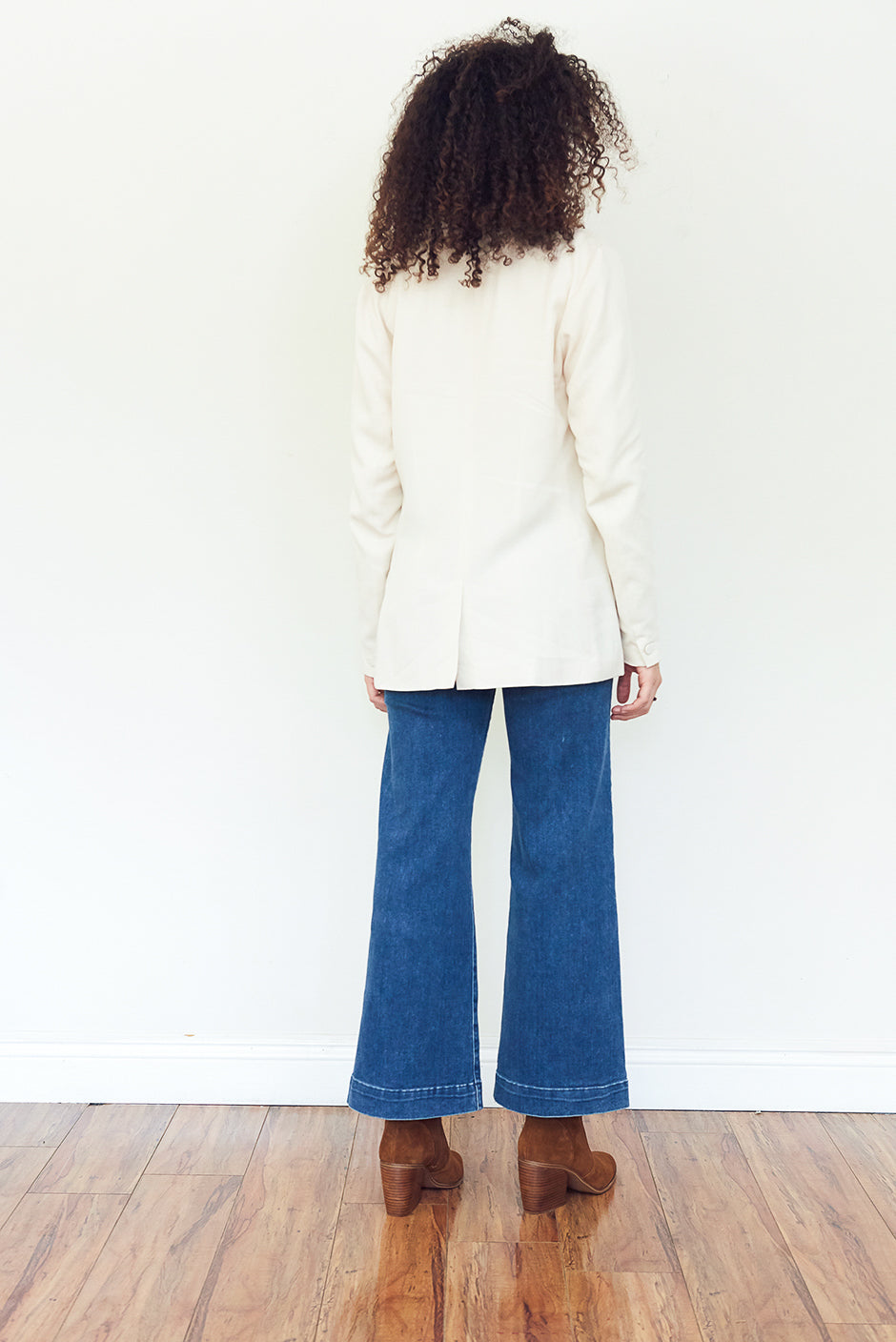 Kate Blazer in Coconut Milk for women by Paneros Clothing. Made from Tencel. Back view.