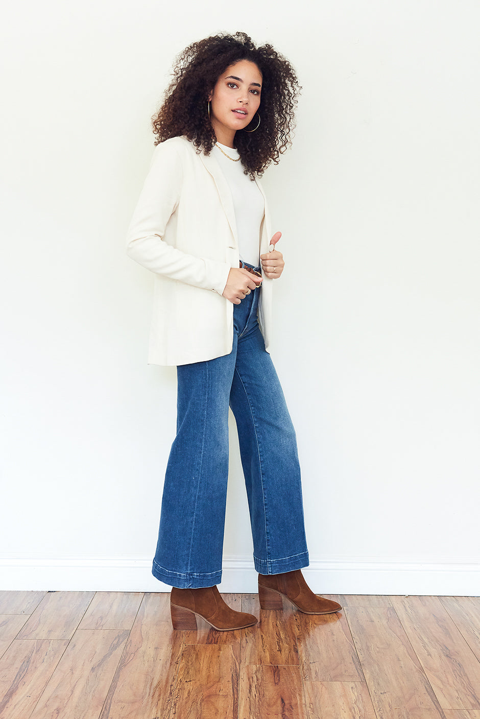 Kate Blazer in Coconut Milk for women by Paneros Clothing. Made from Tencel. Side view.