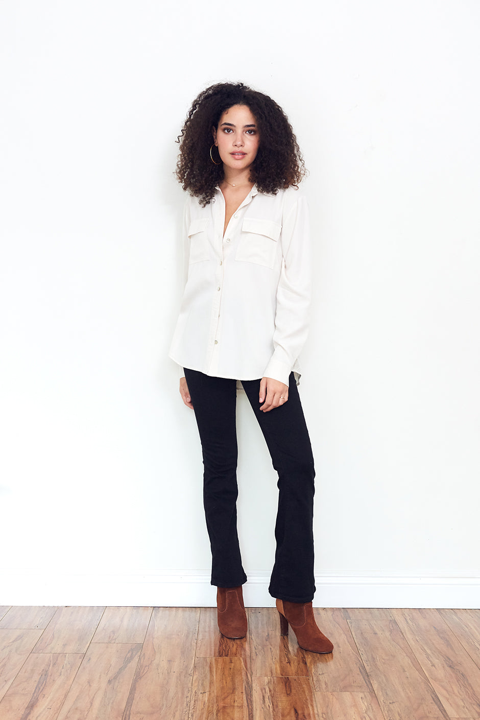 Kyle Shirt in Coconut Milk for women by Paneros Clothing. Made from Tencel. Front View slanted.