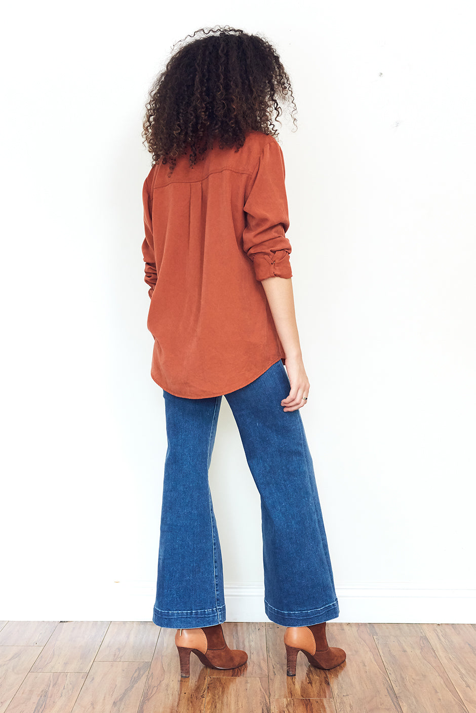 Kyle Shirt in Dark Spice for women by Paneros Clothing. Made from Tencel. Side View.