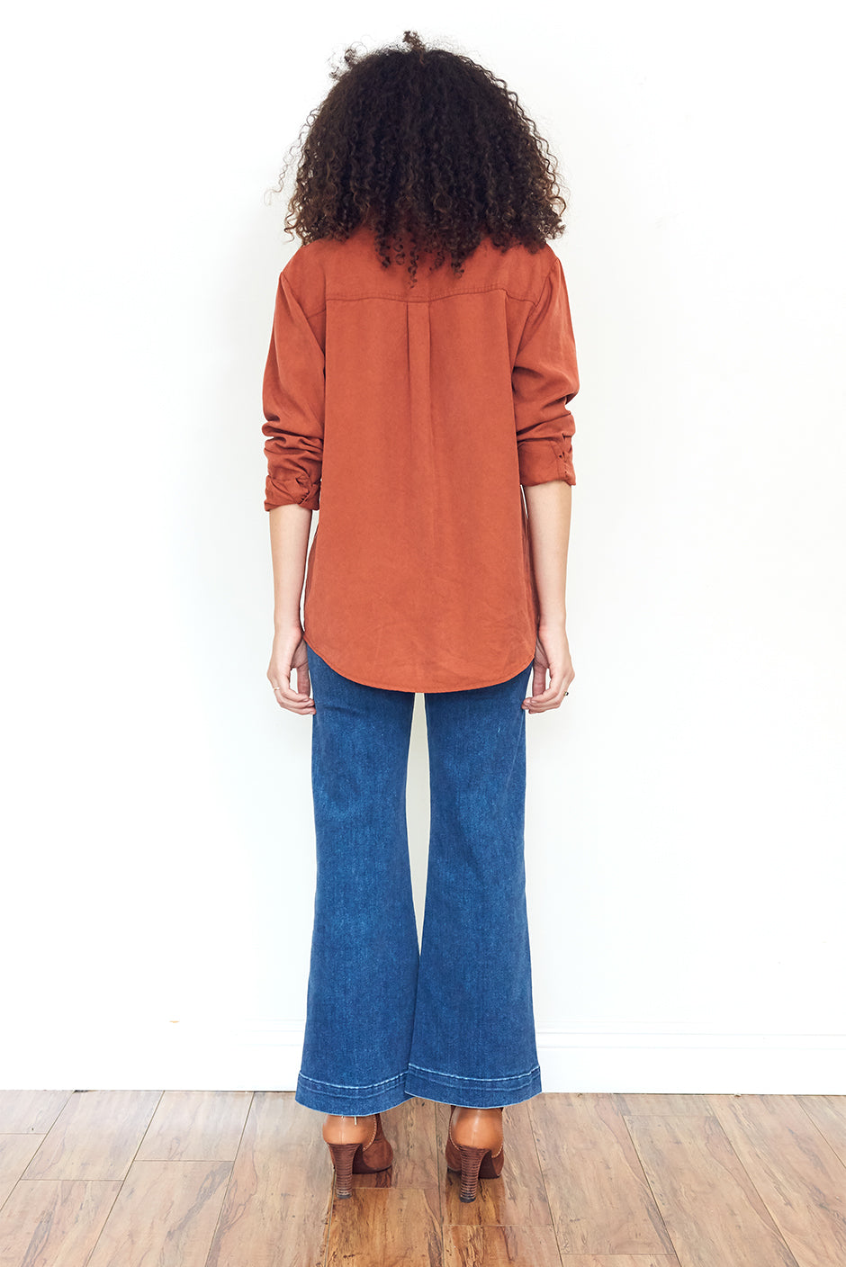 Kyle Shirt in Dark Spice for women by Paneros Clothing. Made from Tencel. Back View.