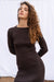 Sasha Knitted Dress in Espresso Brown color for women by Paneros Clothing. Reversible Peekaboo cut out detail in back and hits below the knee and features a side slit and a rib knit. Handknitted from 100% cotton front view.