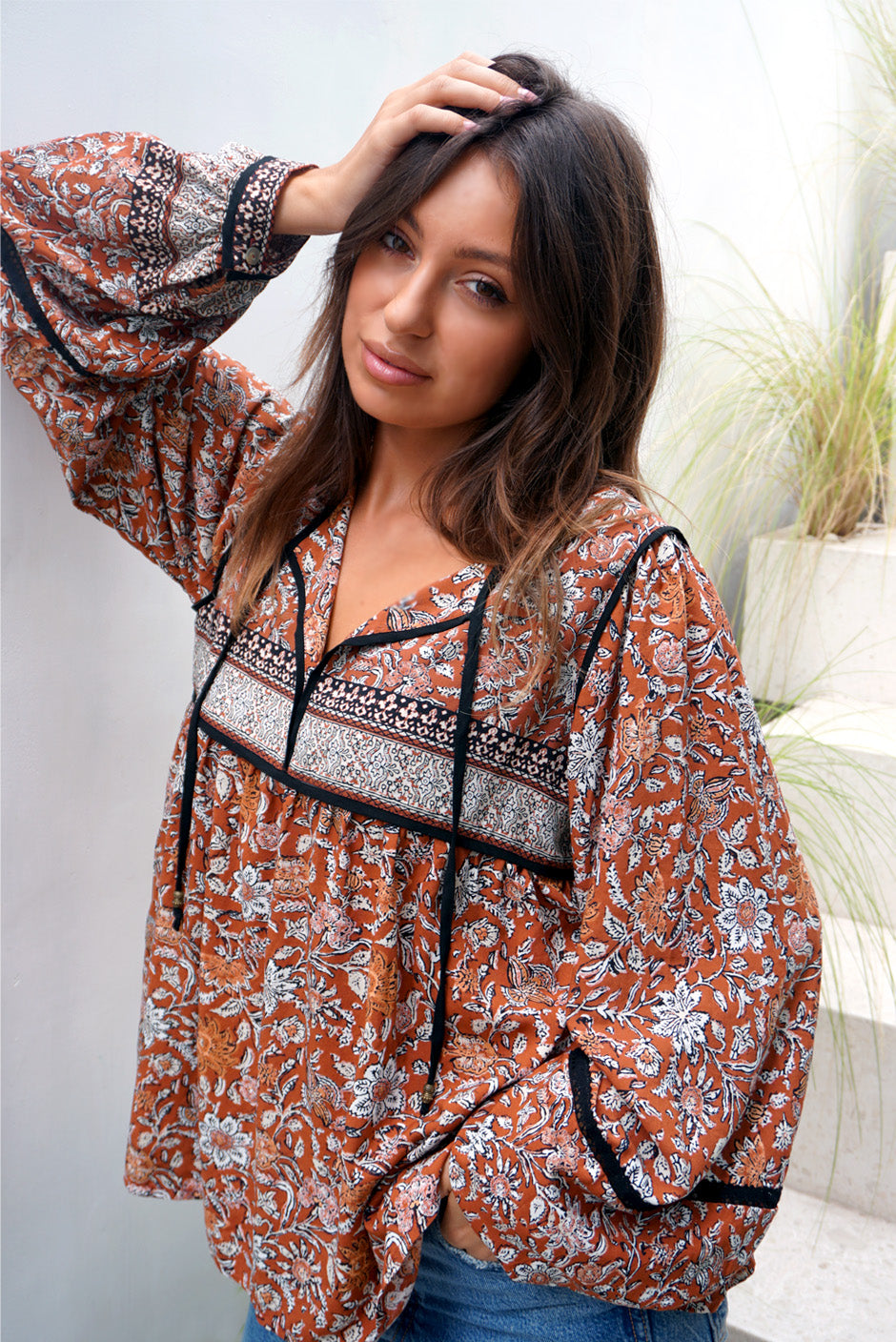 Sustainable & Ethical Boho Luxe Floral Print Brown Blouse: the