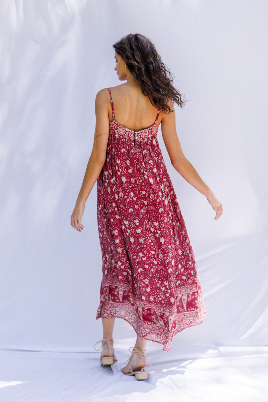 Paneros Clothing - Sustainable Fashion Ethical Designer Red/Pink Floral Paisley Print Maxi Smocked Dress with Ties for Women - Back View.