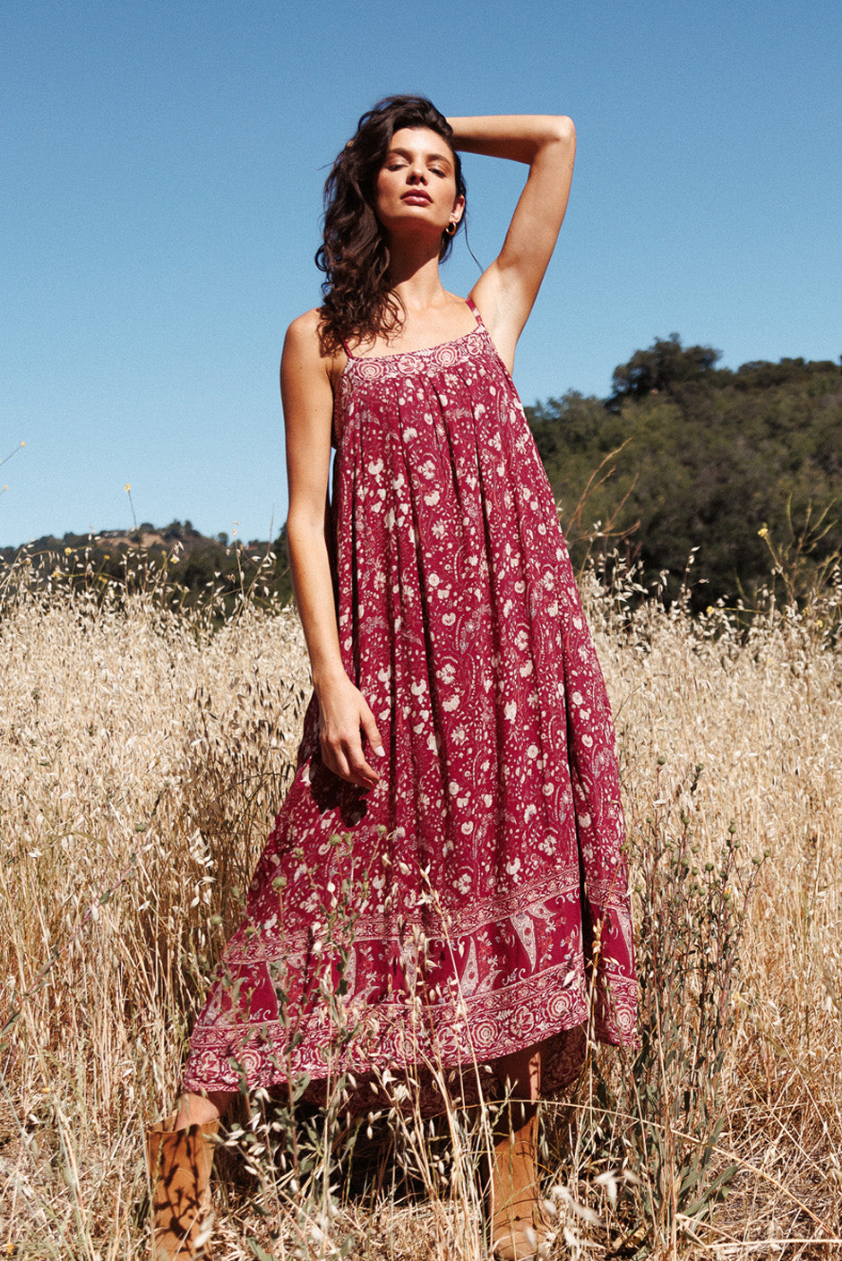 Sustainable & Ethical Luxury Red Boho Print Maxi Dress: the Solstice -  Paneros Clothing