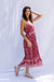 Paneros Clothing - Sustainable Fashion Ethical Designer Red/Pink Floral Paisley Print Maxi Smocked Dress with Ties for Women - Side View.