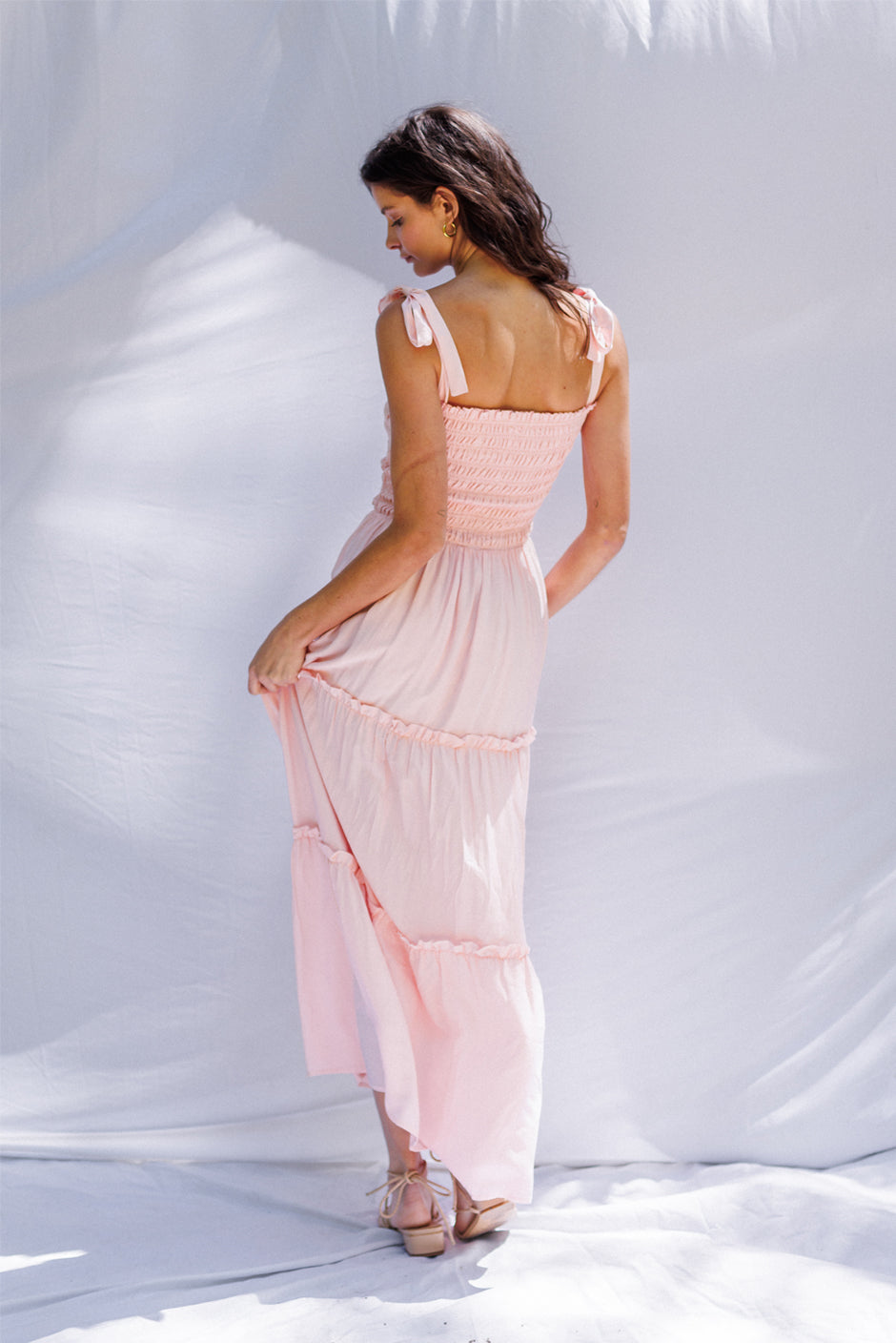 Paneros Clothing - Sustainable Fashion Ethical Designer Pink Maxi Smocked Dress for Women - Back View.