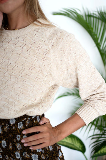 Ethical Handknit Cotton Women's Pointelle-stitch Sweater in Tan/White -  Paneros Clothing