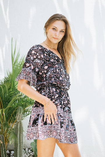 Paneros Clothing Women's Flora Mini Dress in Black Floral Print - Night Bloom Paneros Clothing Women's Flora Mini Dress in Black Floral Print - Night Bloom