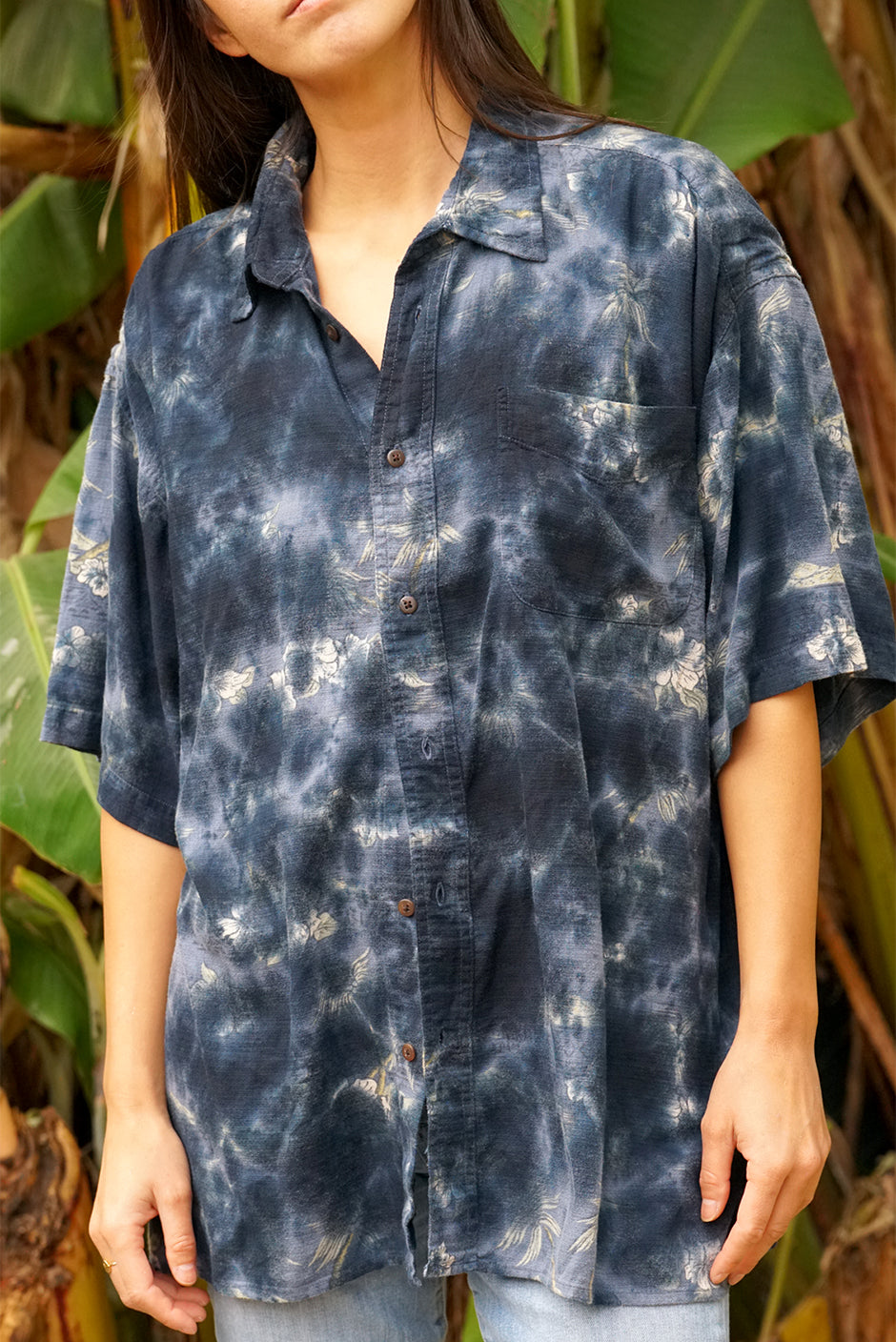 One of a kind handmade embellished Tie Dye Kai aloha shirt by Paneros Clothing. Hawaiian Kai Shirt // Blue Lagoon Tie Dye, Size L. View 1