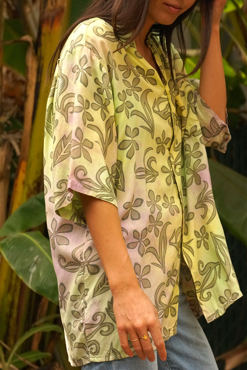 One of a kind handmade embellished Tie Dye Kai aloha shirt by Paneros Clothing. Hawaiian Kai Shirt // Hula Tie Dye, Size M. View 1