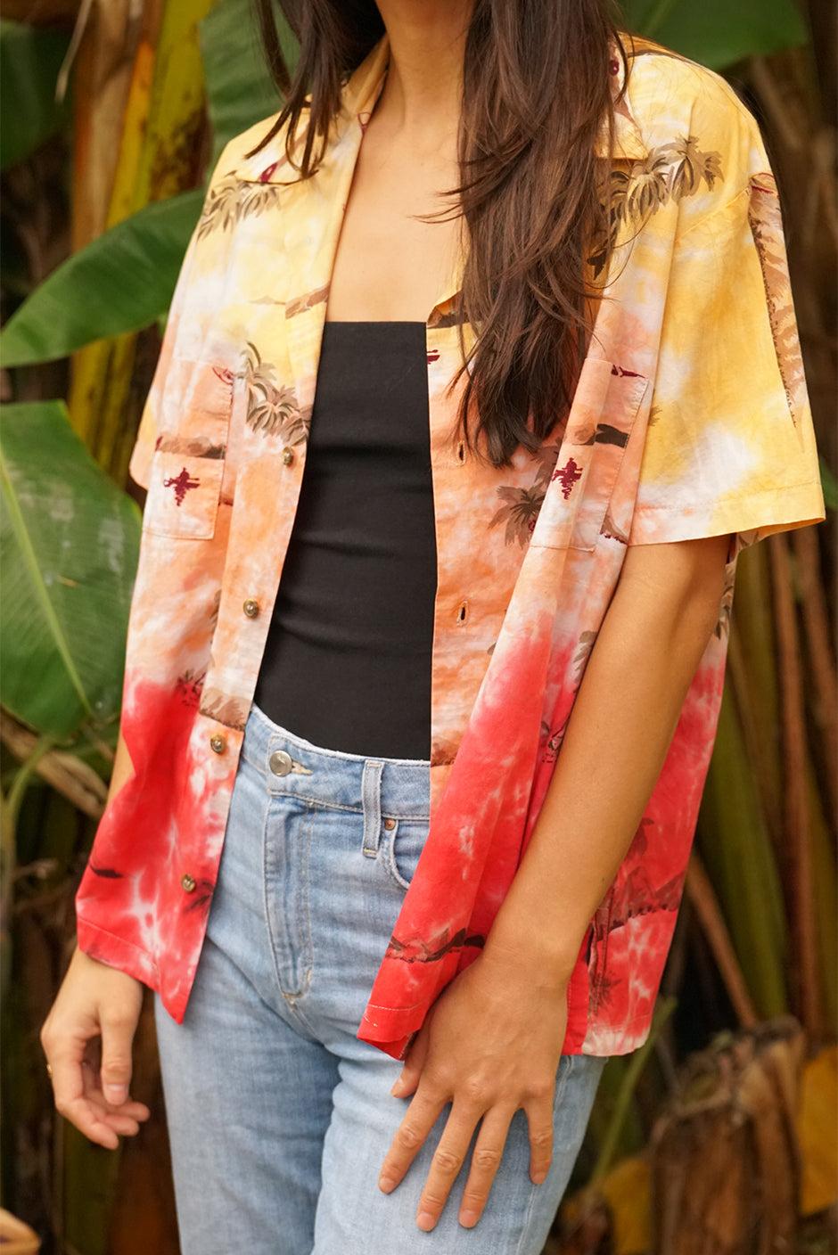 One of a kind handmade embellished Tie Dye Kai aloha shirt by Paneros Clothing. Hawaiian Kai Shirt // Mai Tai Tie Dye, Size S. View 1