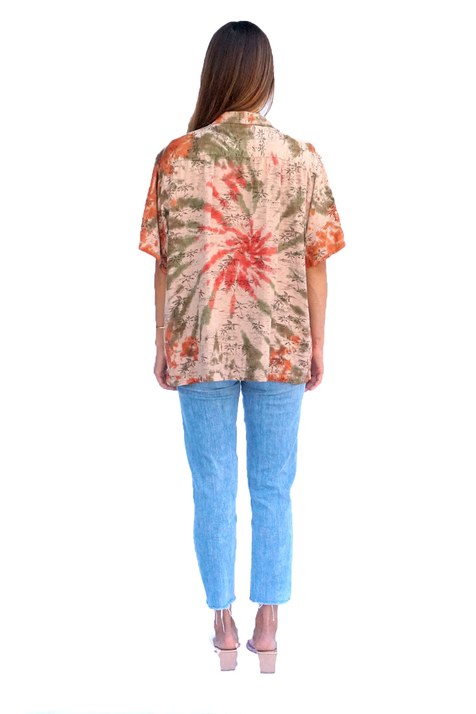 One of a kind handmade embellished Tie Dye Kai aloha shirt by Paneros Clothing. Hawaiian Kai Shirt // Desert Spiral Tie Dye, Size S. View 3