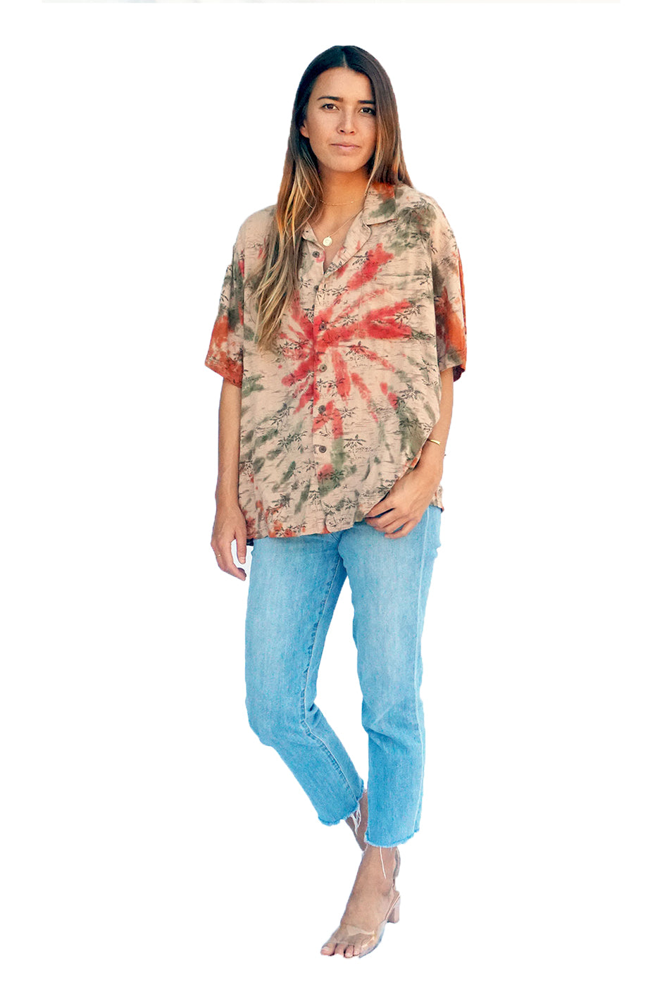 One of a kind handmade embellished Tie Dye Kai aloha shirt by Paneros Clothing. Hawaiian Kai Shirt // Desert Spiral Tie Dye, Size S. View 1