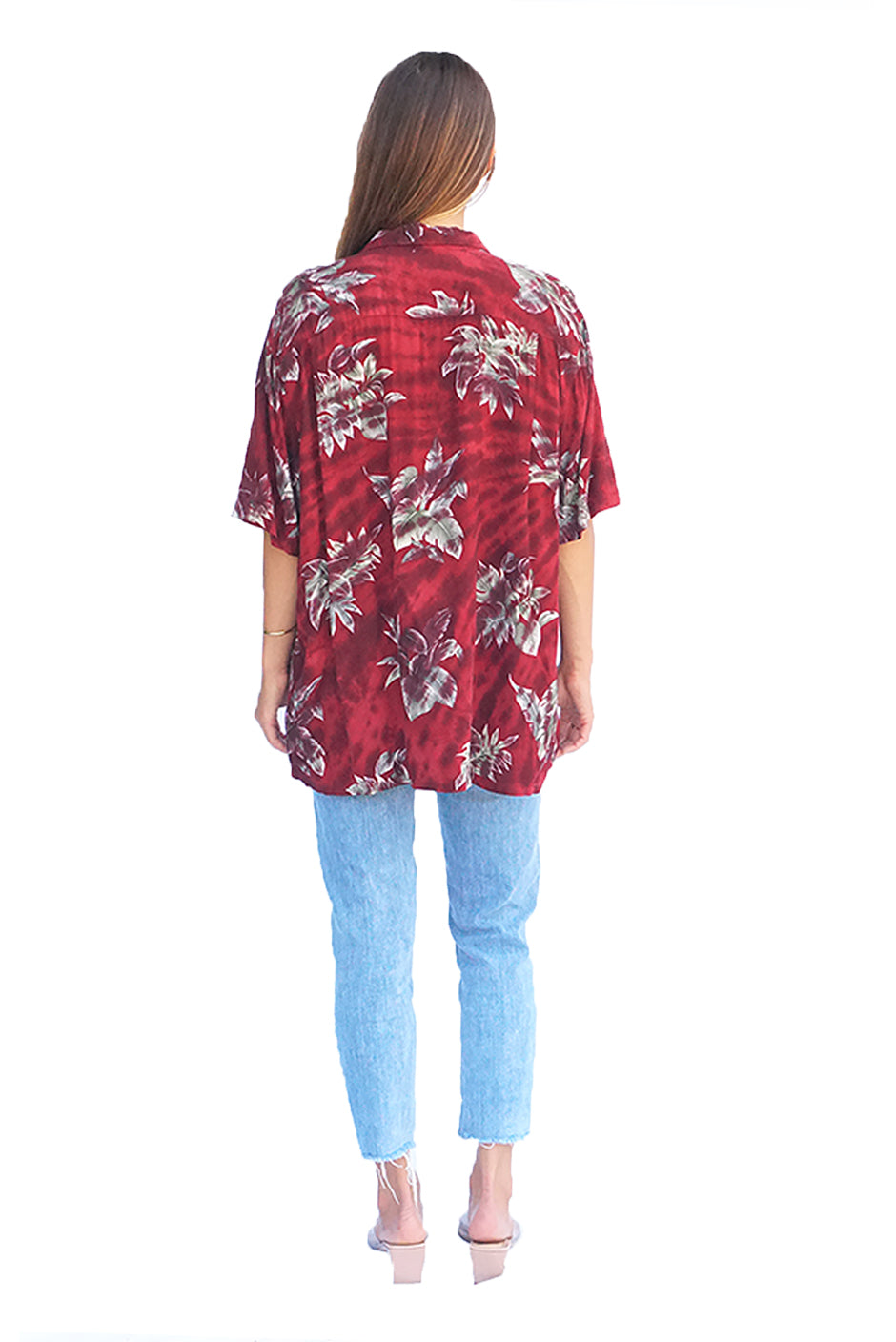 One of a kind handmade embellished Tie Dye Kai aloha shirt by Paneros Clothing. Hawaiian Kai Shirt // Red Hot Tie Dye, Size M. View 4