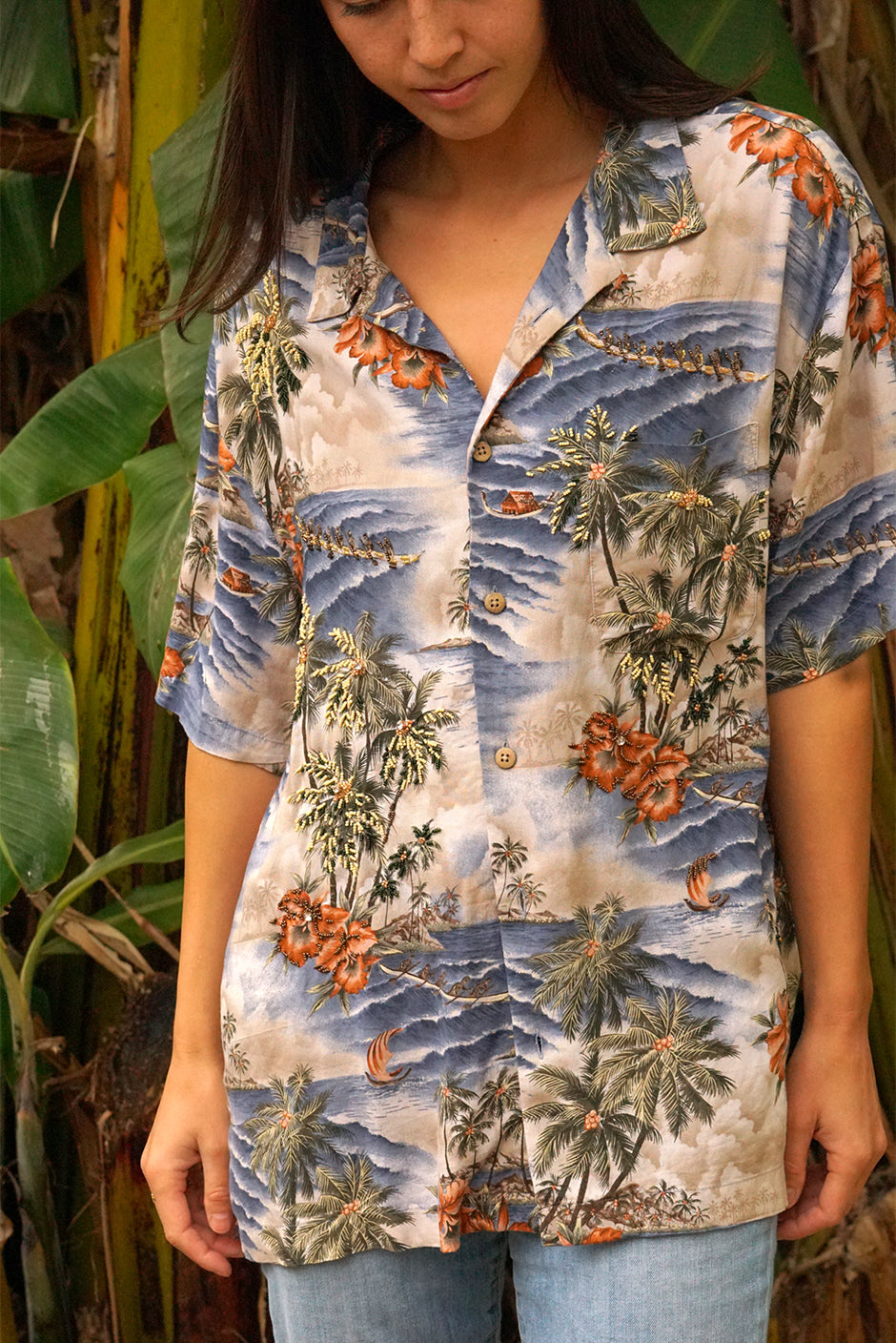 One of a kind handmade embellished Tie Dye Kai aloha shirt by Paneros Clothing. Hawaiian Kai Shirt // Beaded Island Breeze, Size L. View 1