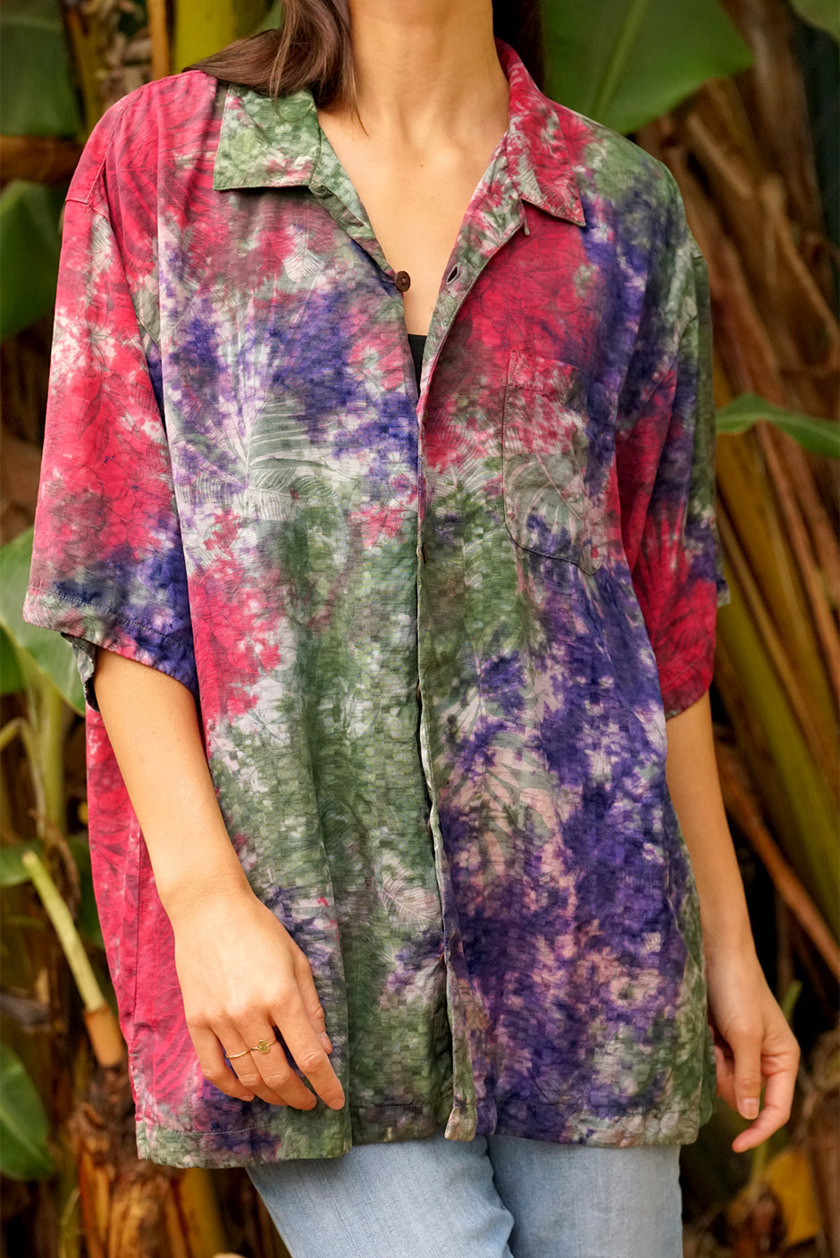 One of a kind handmade embellished Tie Dye Kai aloha shirt by Paneros Clothing. Hawaiian Kai Shirt // Tropic Punch Tie Dye, Size XL. View 1