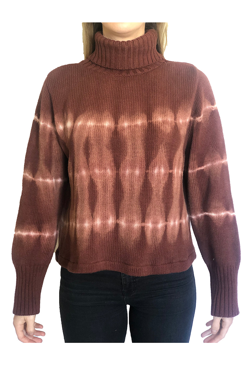 Black Cherry Revival turtleneck sweater for women by Paneros Clothing. Handmade Tie-Dye Upcycled from sustainable cotton. Front View 3.