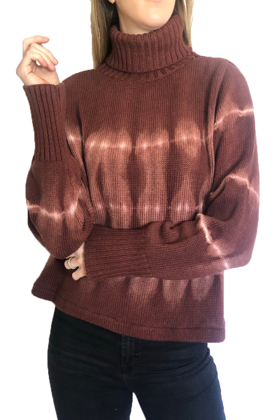 Black Cherry Revival turtleneck sweater for women by Paneros Clothing. Handmade Tie-Dye Upcycled from sustainable cotton. Front View 2.