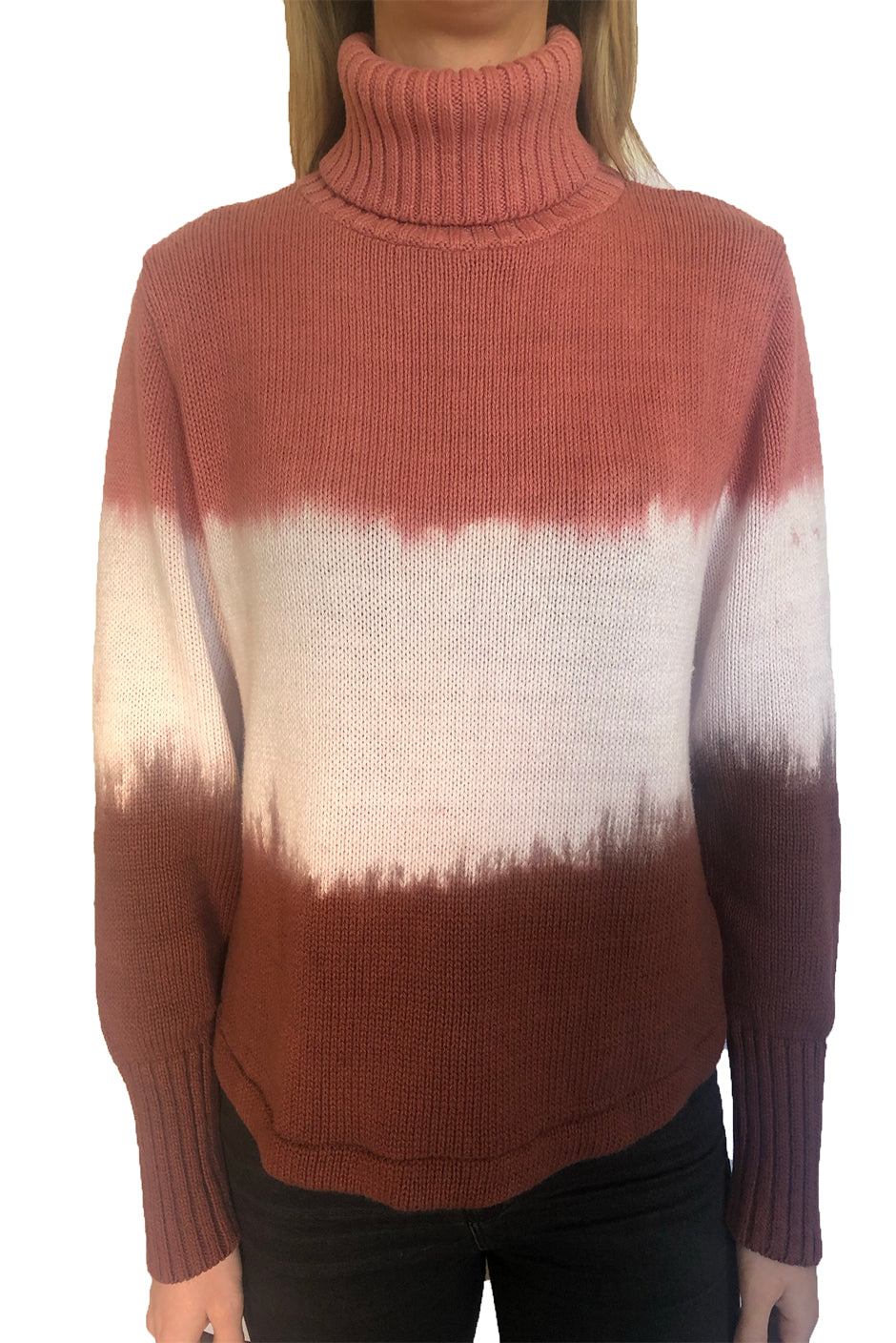 Neopolitan Revival turtleneck sweater for women by Paneros Clothing. Handmade Tie-Dye Upcycled from sustainable cotton. Front Detail View.